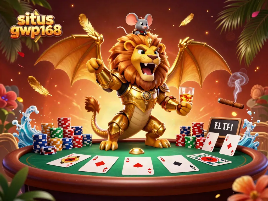 Menggambarkan suasana kasino interaktif di situs gwp168 dengan karakter chimera yang menarik dan elemen poker.