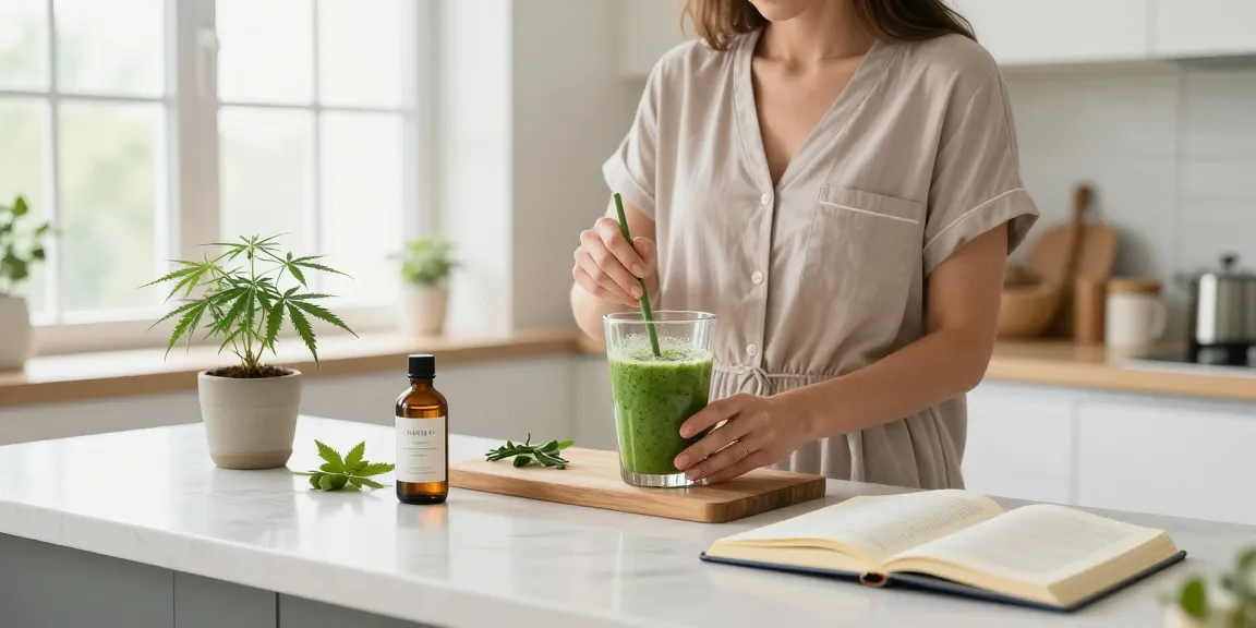 The legal age to vape in Cyprus with CBD oil and hemp extract in a bright kitchen, highlighting natural wellness and organic products.