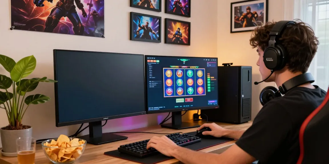 Engaged player at an akunjp gaming setup with dual monitors displaying vibrant slot games