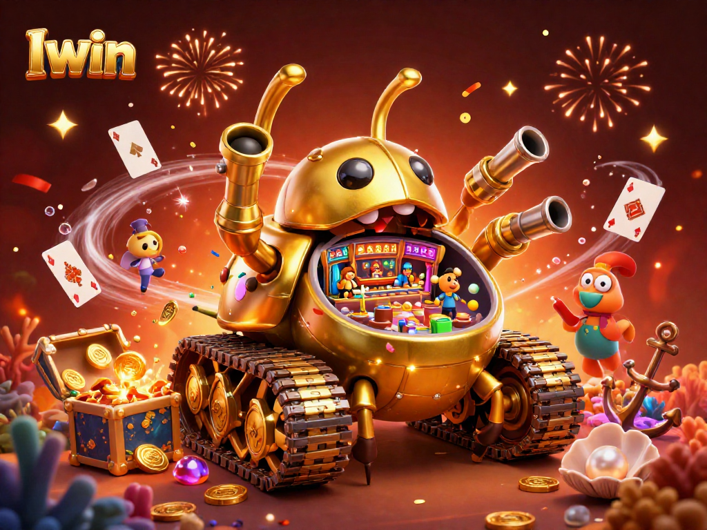 Iwin casino-themed illustration with gold beetle tank and dynamic gambling elements
