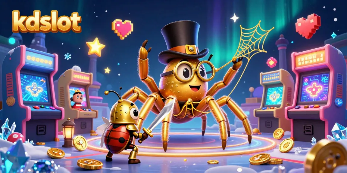 Engage in kdslot action with a stunning scene of a golden tarantula and beetle knight amid casino elements.