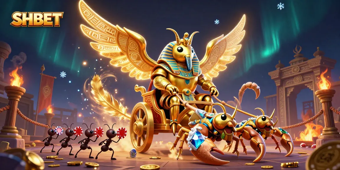 Engage with SHBET's thrilling casino experience featuring a golden scarab and scorpions