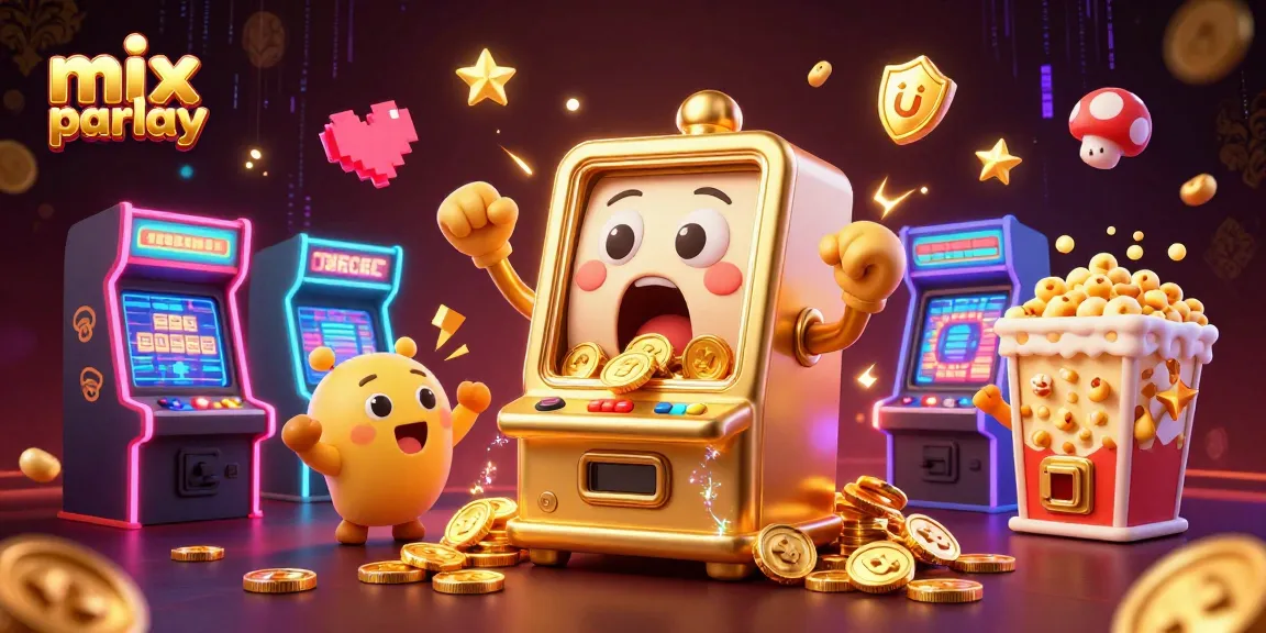 Mix parlay menampilkan mesin slot emas bergerak meriah, dengan koin berhamburan.