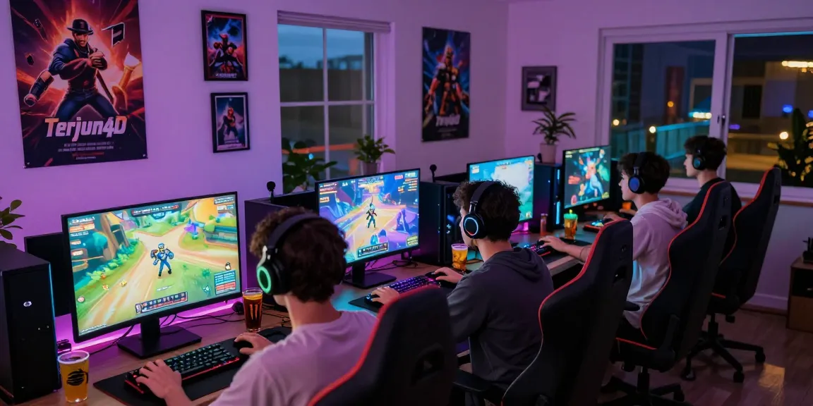 Teman-teman bermain terjun4d dalam suasana gaming yang energik.