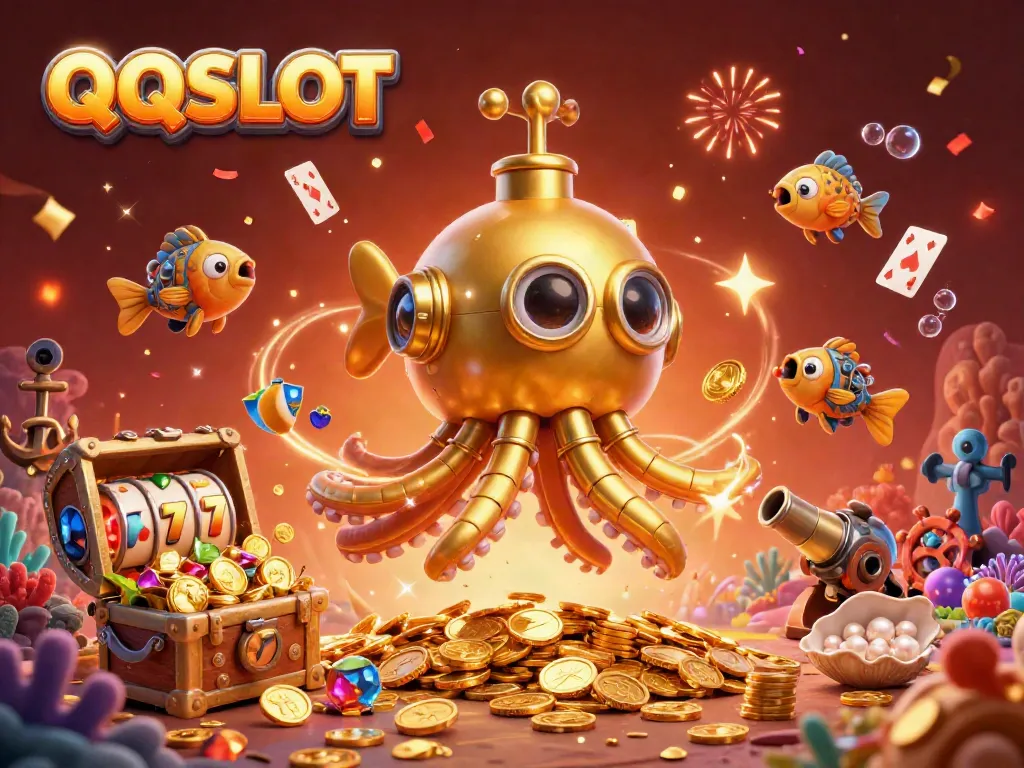 Engage with QQSLOT in this vibrant 3D underwater scene filled with golden coins and slot game elements.