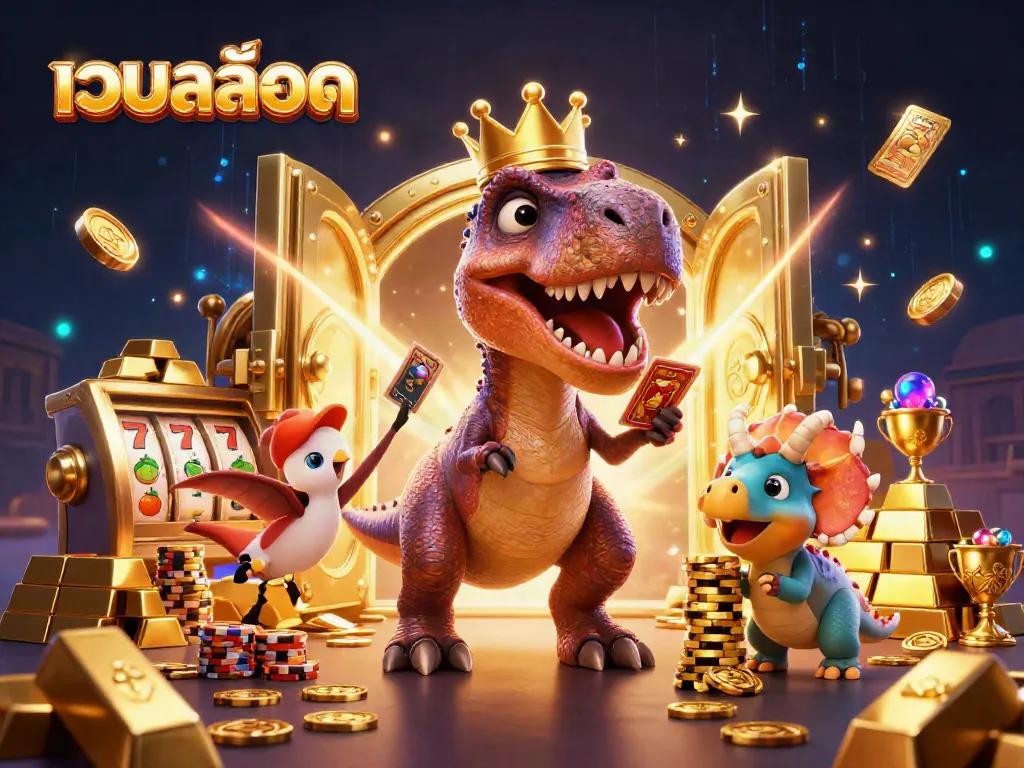 ภาพเว็บสล็อดที่มี T-Rex การ์ตูนถือไพ่สล็อตขณะมีพนักงานช่วยจัดการ ปะทะในฉากคาสิโน