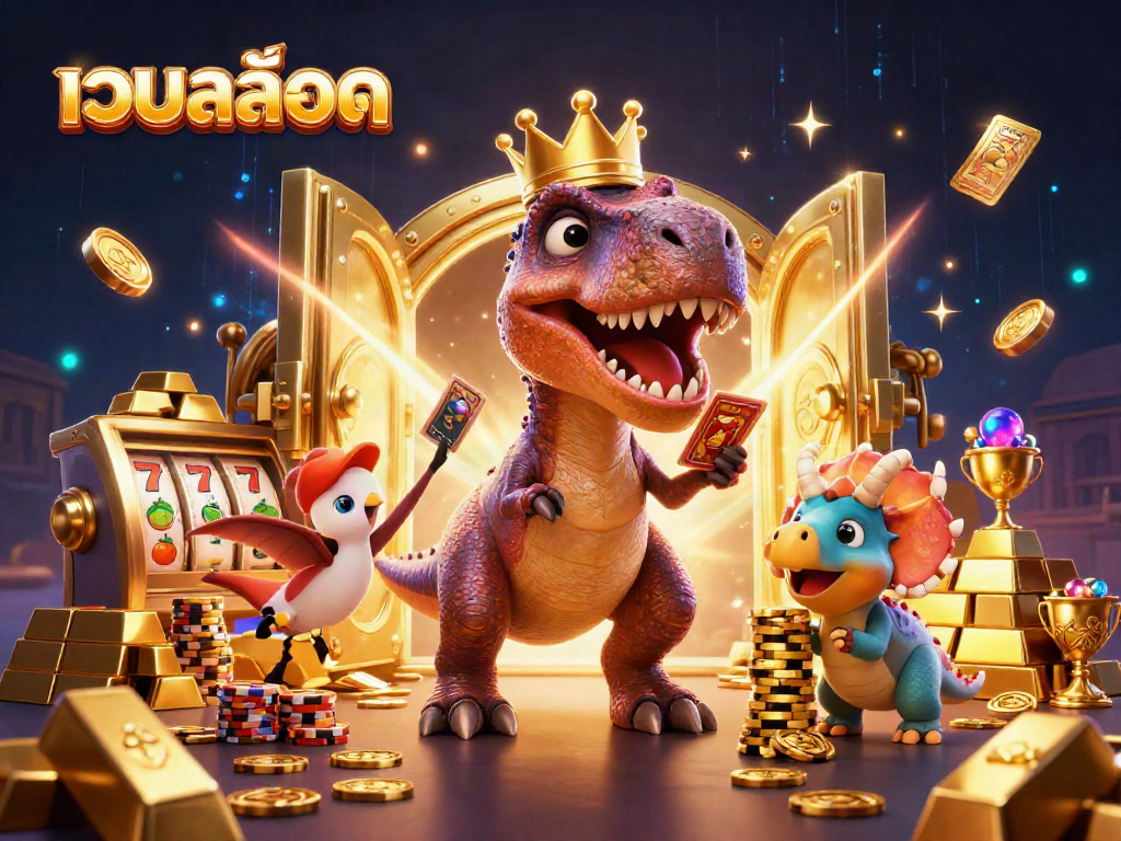 ภาพเว็บสล็อดที่มี T-Rex การ์ตูนถือไพ่สล็อตขณะมีพนักงานช่วยจัดการ ปะทะในฉากคาสิโน