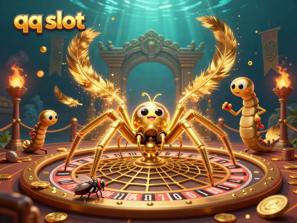 Watch the golden spider and centipede croupier managing bets in this qq slot casino scene.