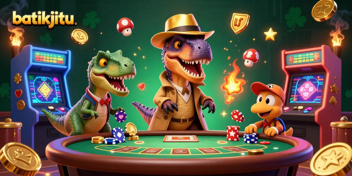 Bermain di batikjitu, velociraptor menyusup di meja blackjack, dikelilingi mesin arcade berwarna-warni dan elemen kasino.