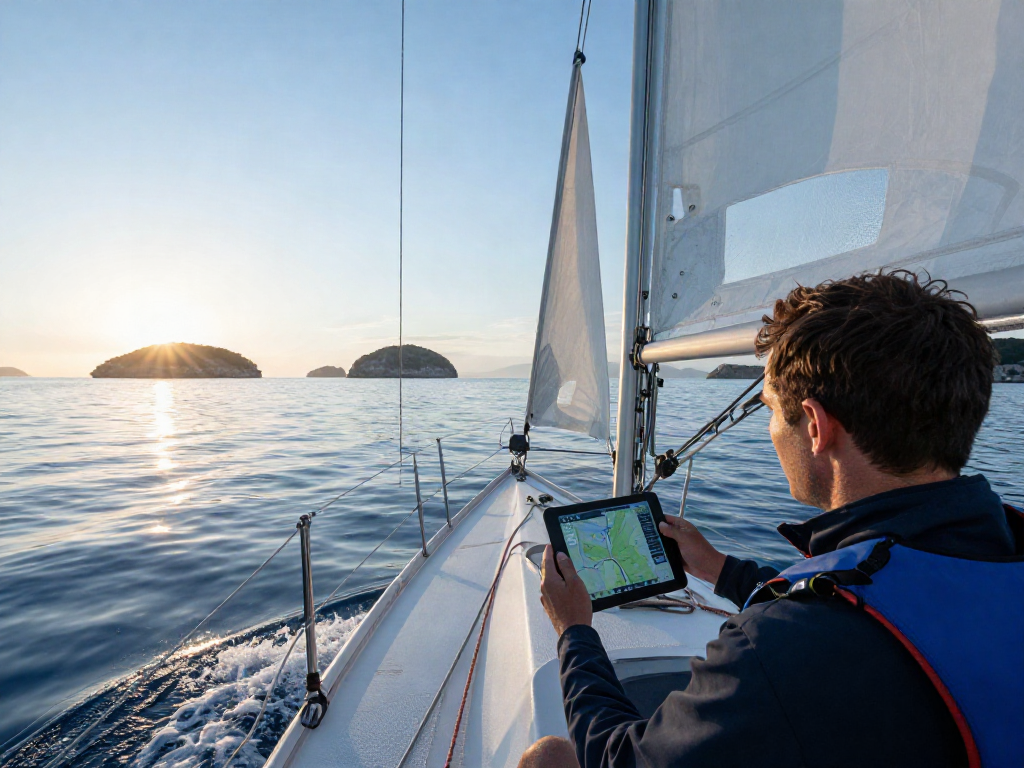 Sailor adjusting sails on a sleek sailboat, showcasing 'slot 5k' route in tranquil waters at dawn.