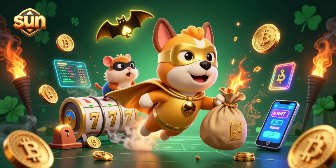 Spin to win with the vibrant sun-inspired casino scene featuring animated characters and gold coins.