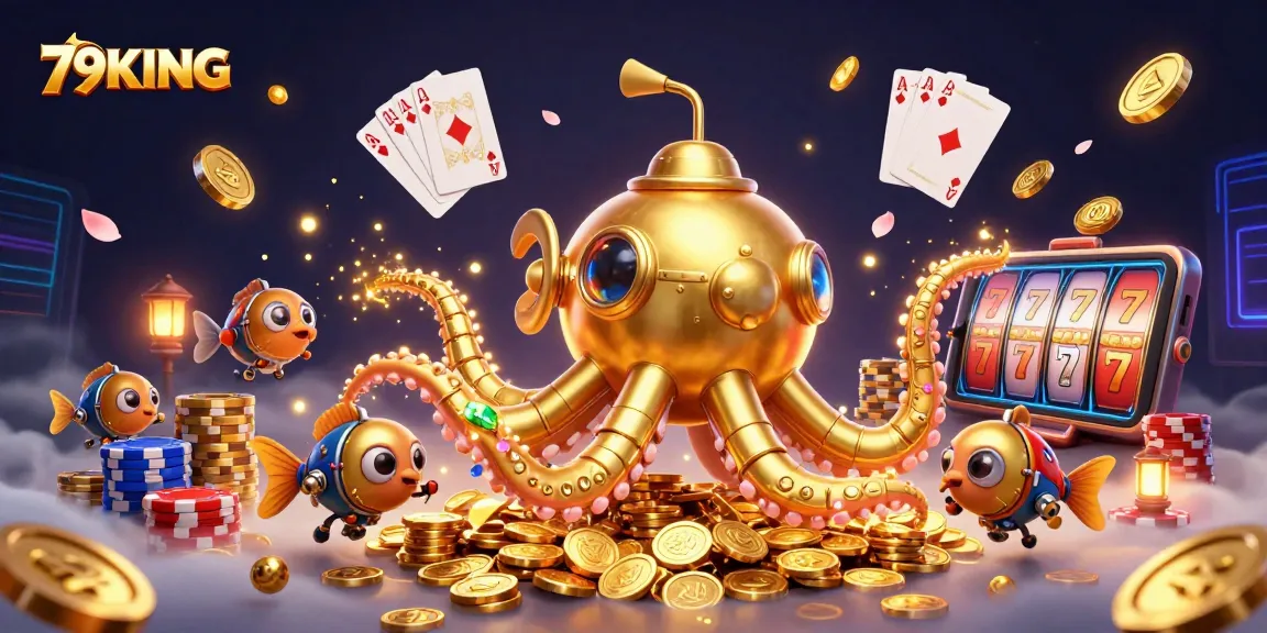 Engage in the world of 79KING with vibrant casino elements around a golden kraken submarine.