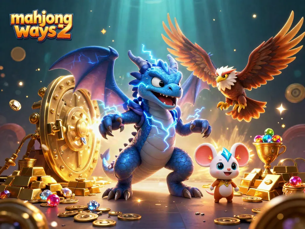 Experience the excitement of mahjong ways 2 with a vibrant 3D scene filled with treasure and dynamic characters.