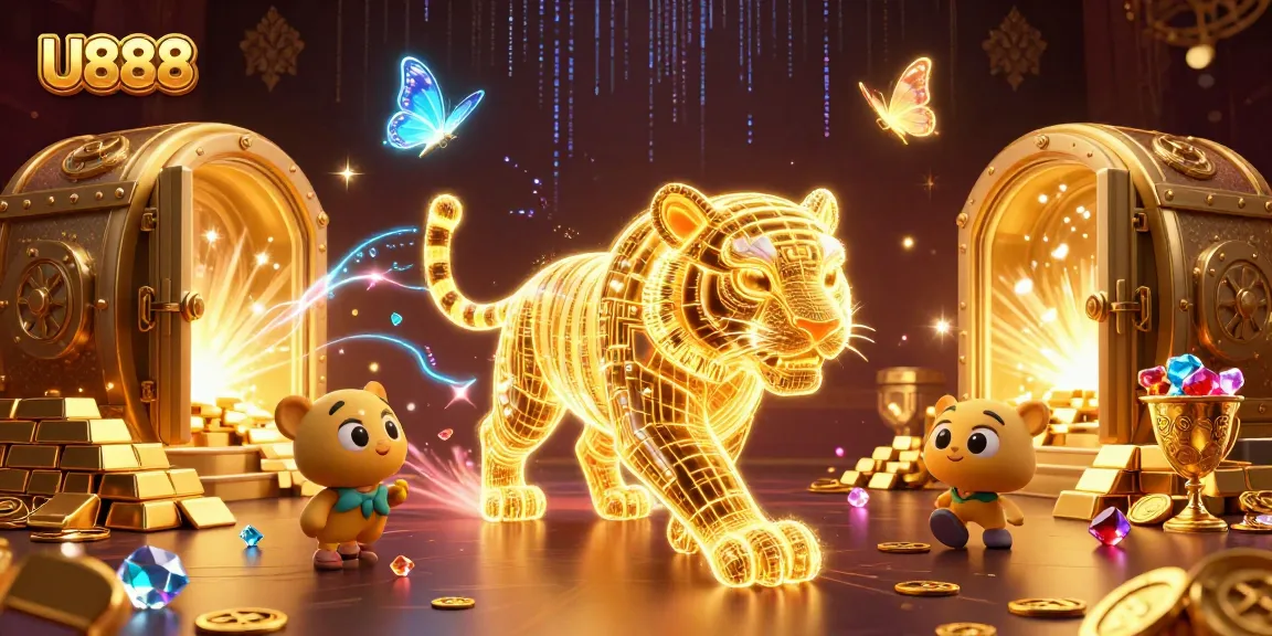 U888 showcases a neon golden tiger in a vibrant digital casino, amidst accelerating jackpots and treasures.