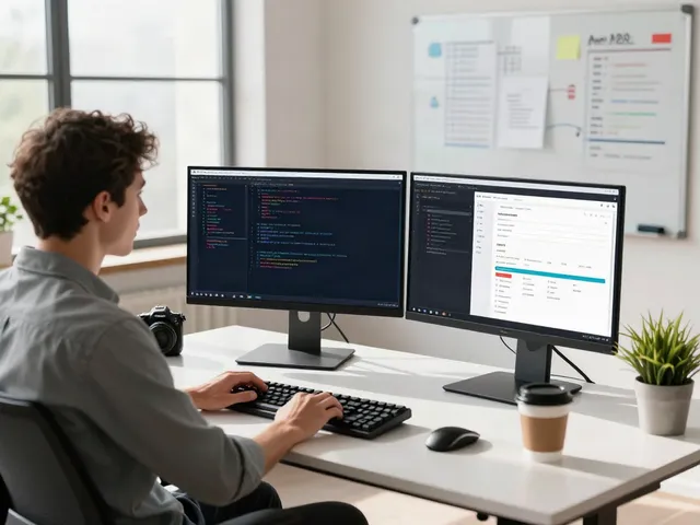 Developer coding on A80 website in a modern office.