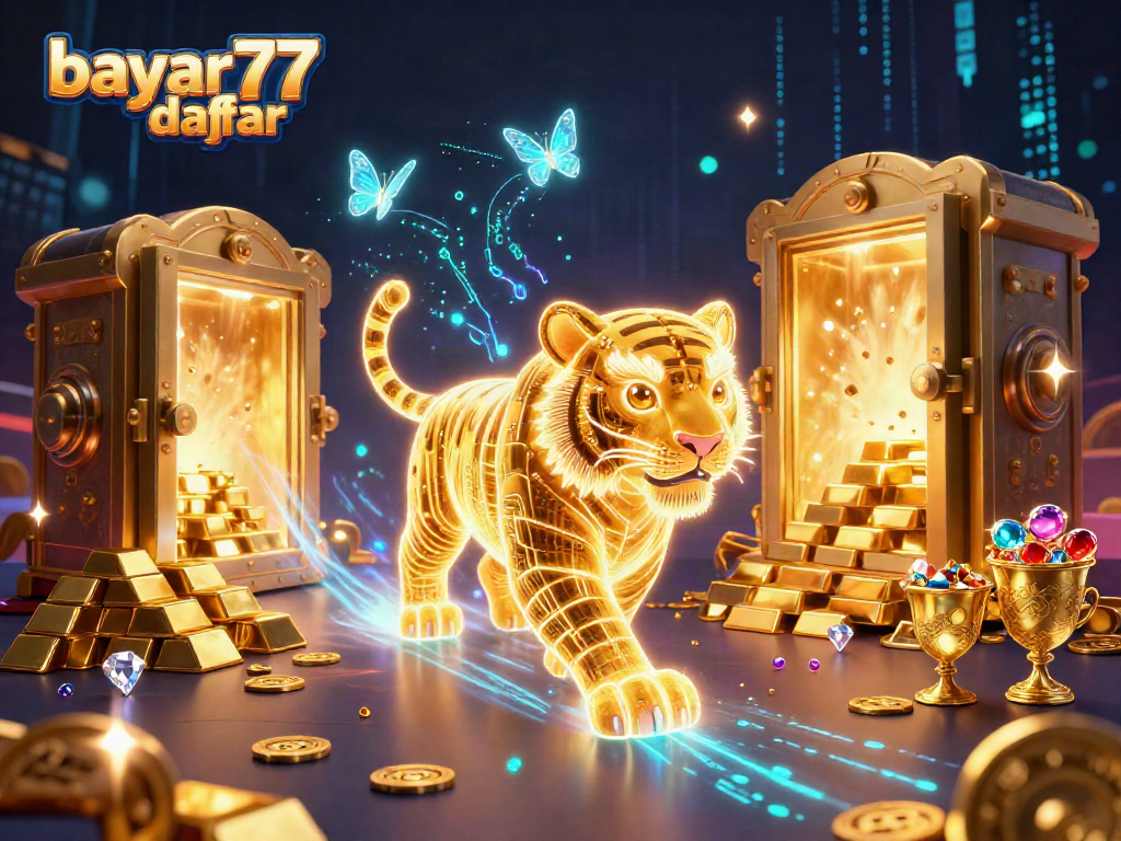 Engage in a vibrant digital casino adventure with bayar77 daftar under dazzling neon and gold lights.