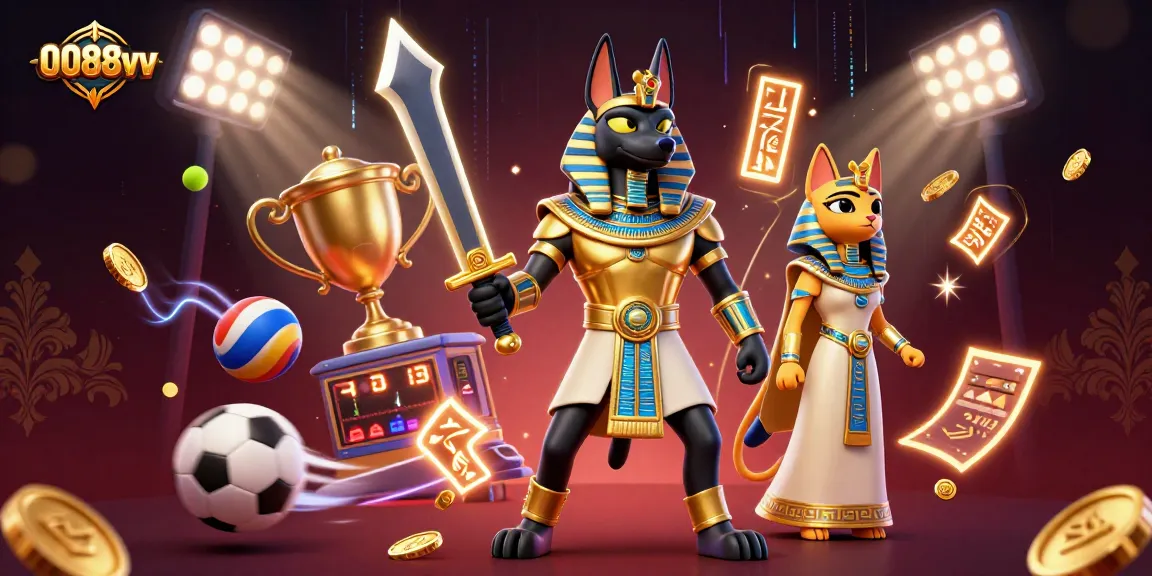 Experience the thrill of 0088vv gaming with Anubis and Bastet amid vibrant casino elements.