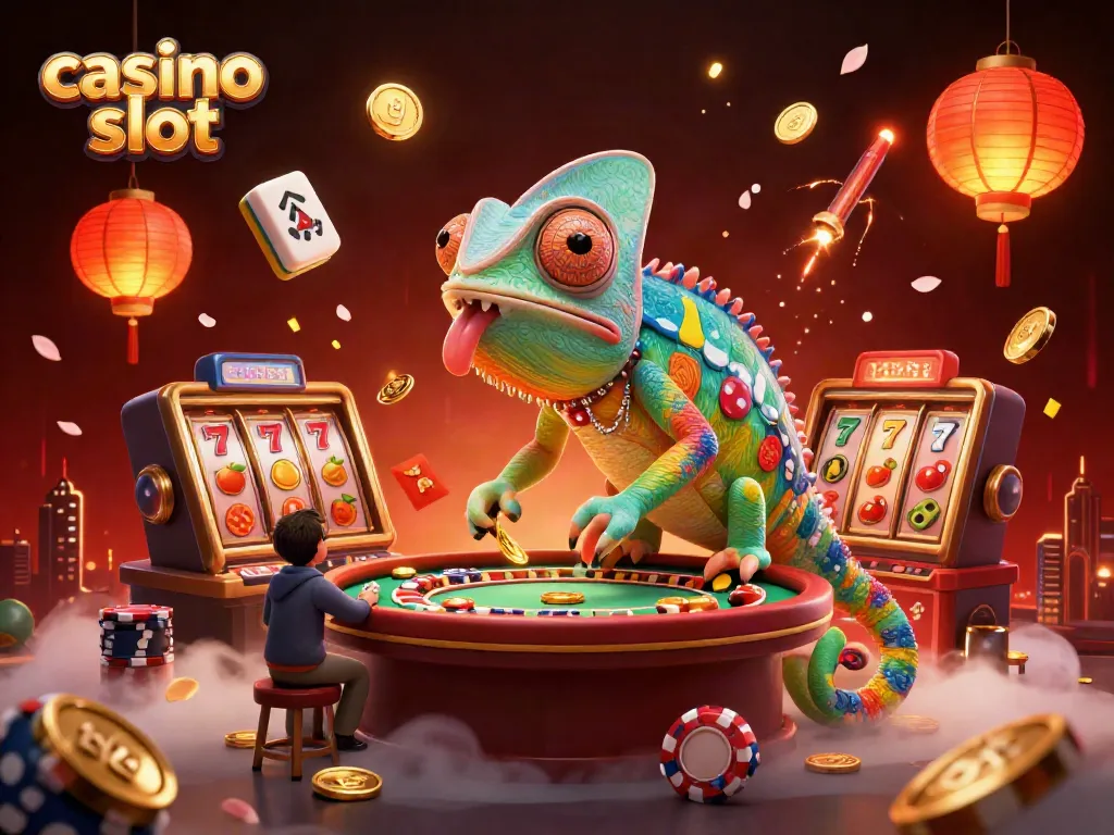 Engaging illustration of a vibrant casino slot scene featuring a chameleon casino owner and dynamic game elements.