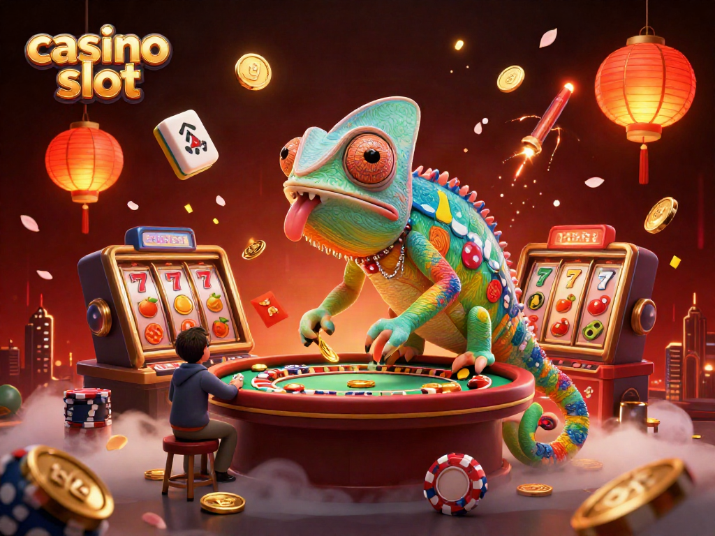 Engaging illustration of a vibrant casino slot scene featuring a chameleon casino owner and dynamic game elements.