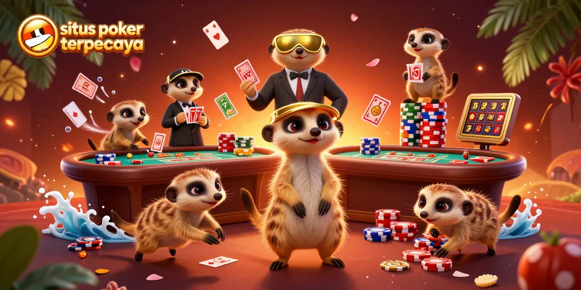 Experience the excitement of situs poker terpercaya with playful meerkats in a vibrant casino scene.