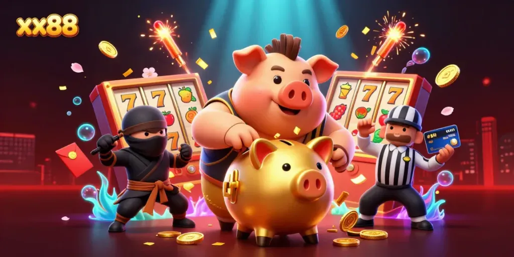 Engage with xx88's thrilling slots and casino atmosphere energized by dynamic characters and festive elements.