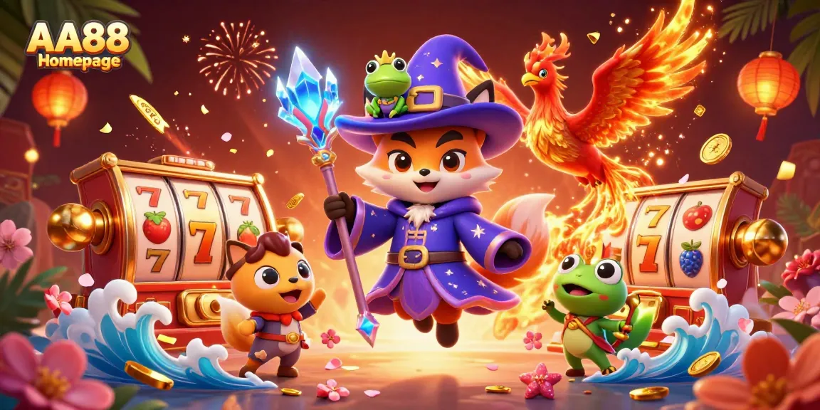 Engage with the AA88 Homepage featuring a wizard fox, phoenix, and rich casino elements.