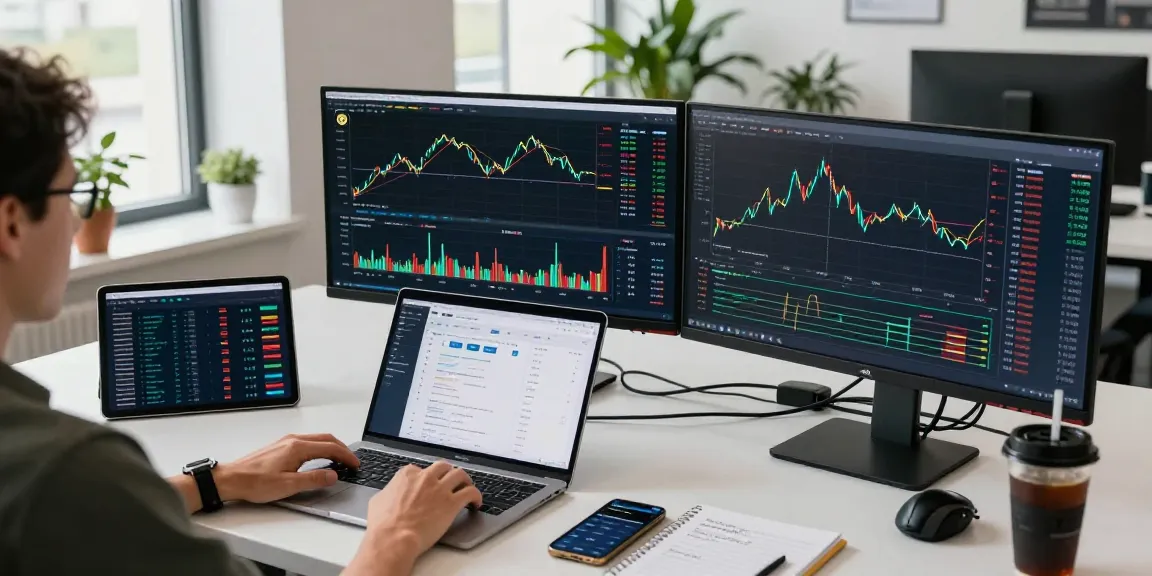 Play exchange trading environment showcasing Bitcoin and Ethereum charts on multiple screens, highlighting innovative DeFi platforms and digital wallets in a professional workspace.