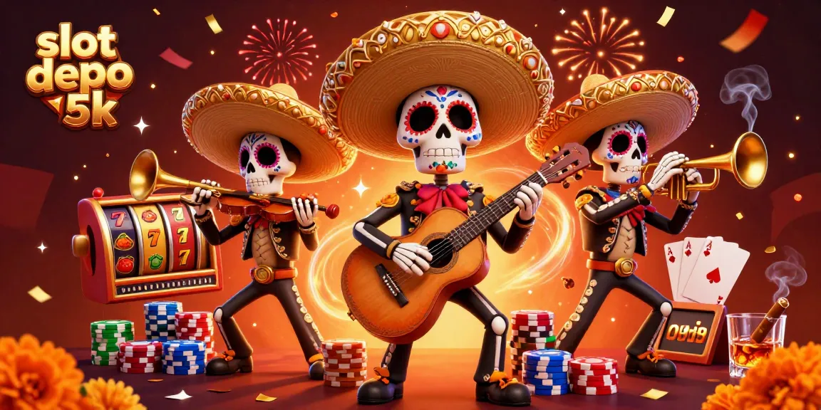 Experience excitement at slot depo 5k with colorful mariachi skeletons celebrating with jackpot reels and rich decorations.