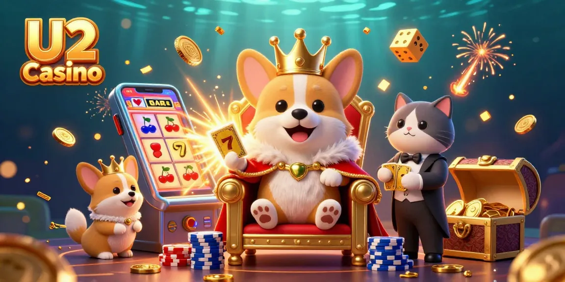 Engage with U2 Casino's vibrant scene featuring a royal corgi on a throne amid celebrating elements like slot machines and gaming treasures.