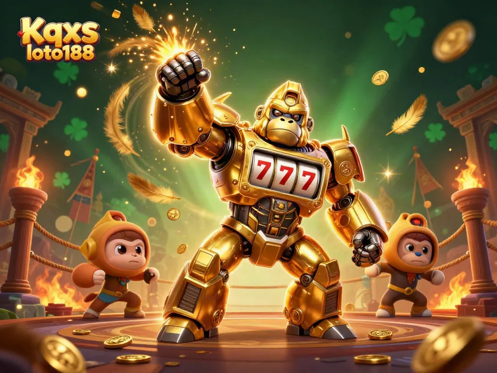Kqxs loto188 showcases a dynamic golden gorilla mech in a vibrant gambling arena, symbolizing excitement.