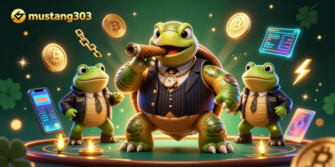 Engaging mustang303 casino illustration showcasing a mobster turtle and bullfrog enforcers with crypto symbols.