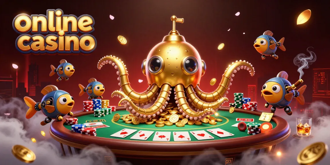 Engage in thrilling action at an online casino with a majestic kraken submarine amidst poker elements.