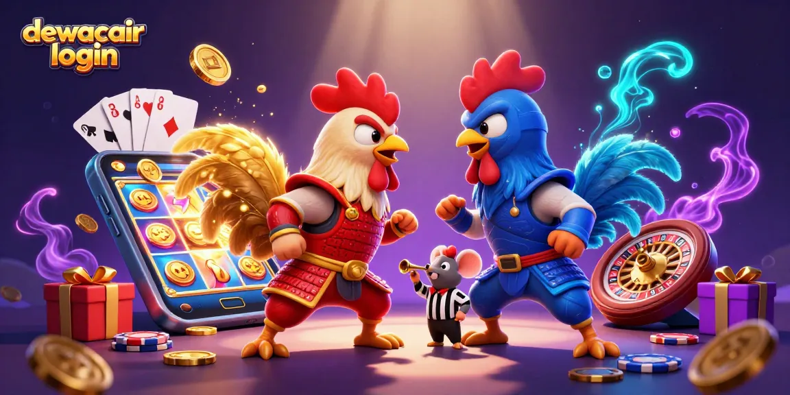 Engage with dewacair login in this vibrant 3D illustration of a dramatic standoff between roosters amidst casino elements.
