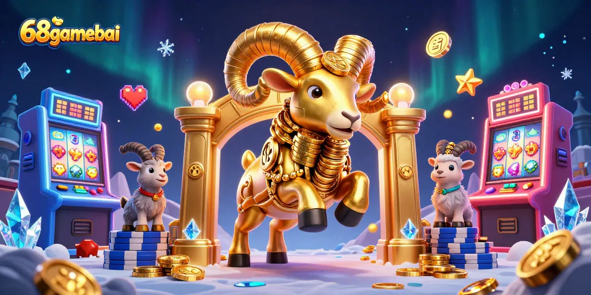 Engage in the thrilling atmosphere of 68gamebai, featuring golden ram and colorful slot machines.