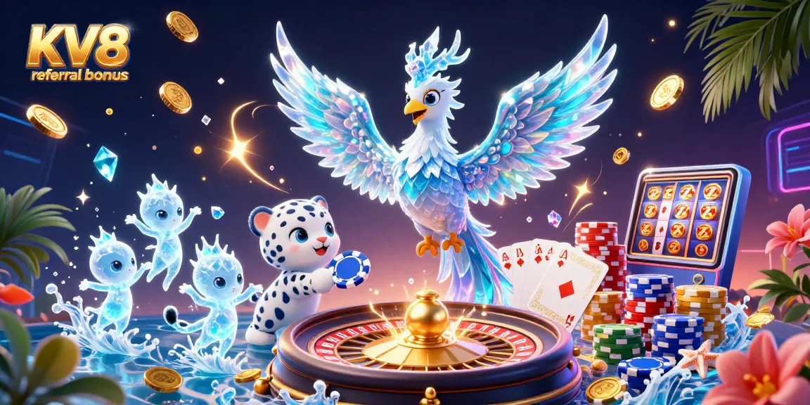 Experience the thrill of playing at KV8 referral bonus with an enchanting fantasy casino scene.