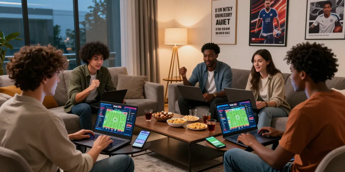 Friends enjoying an exciting sports betting session on lotus365 in a modern living room with vibrant graphics.