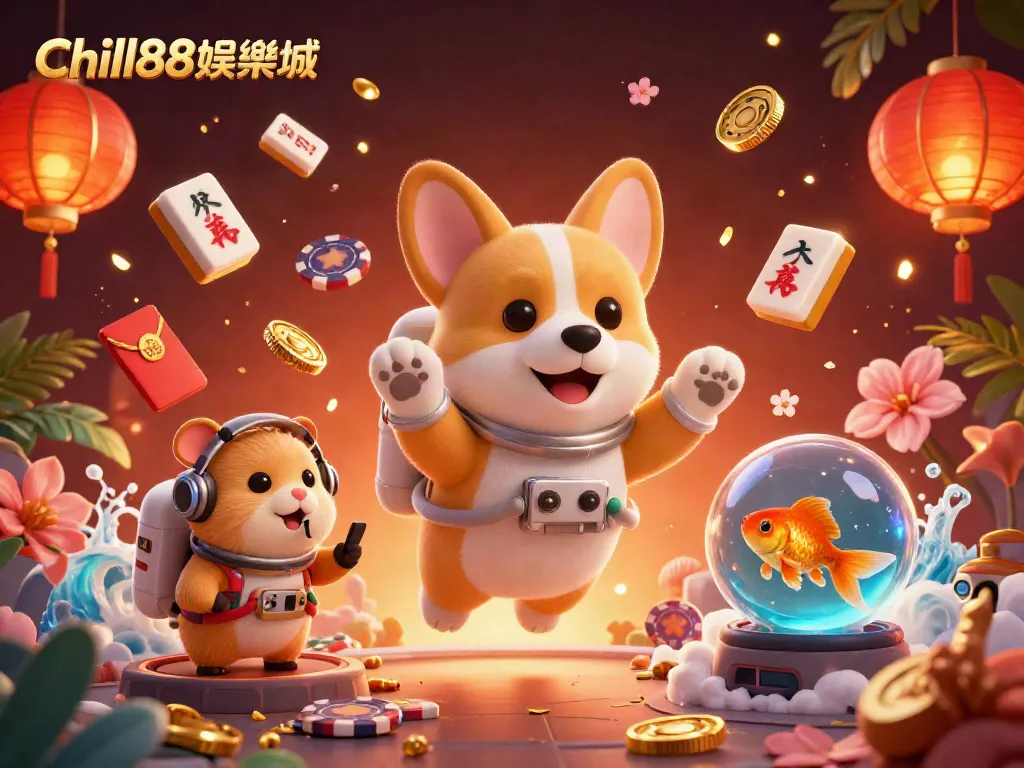 在Chill88娛樂城中，宇航員犬在太空站賭場中漂浮，撲克籌碼和金幣隨處漂浮。
