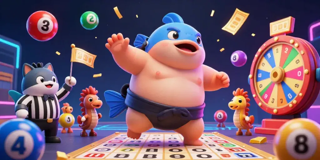 Engage in thrilling actions at qqmacan with an animated scene featuring colorful lottery elements and aquatic characters.