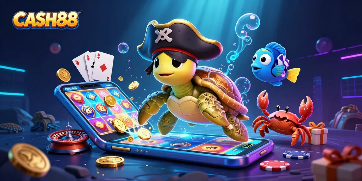 CASH88 engages players with an exciting 3D scene of a pirate turtle and slot games.
