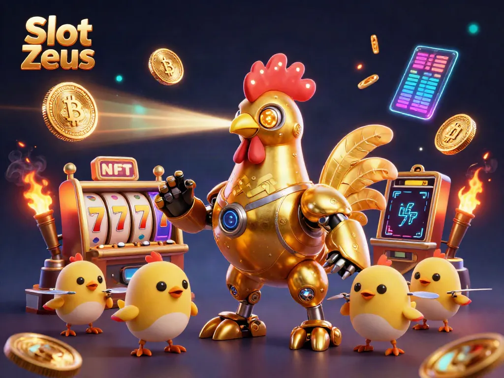 Spin the reels of Slot Zeus with a golden rooster robot and vibrant cryptocurrency elements.