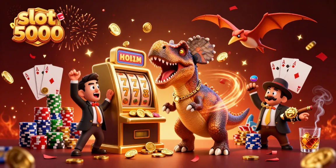 Permainan slot 5000 dengan dinosaurus dan mesin slot menghasilkan koin jackpot yang bersinar.