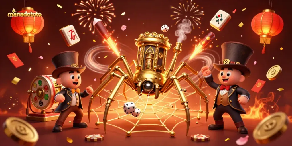 Experience thrilling gameplay with manadototo's golden spider webbing dice in a festive casino scene.
