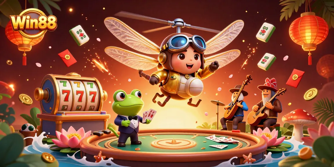 Win88 players enjoy dynamic slots among whimsical characters in a vibrant casino scene.