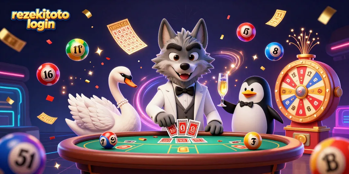 Experience the excitement of rezekitoto login with vibrant lottery elements and animated characters in a dynamic casino scene.
