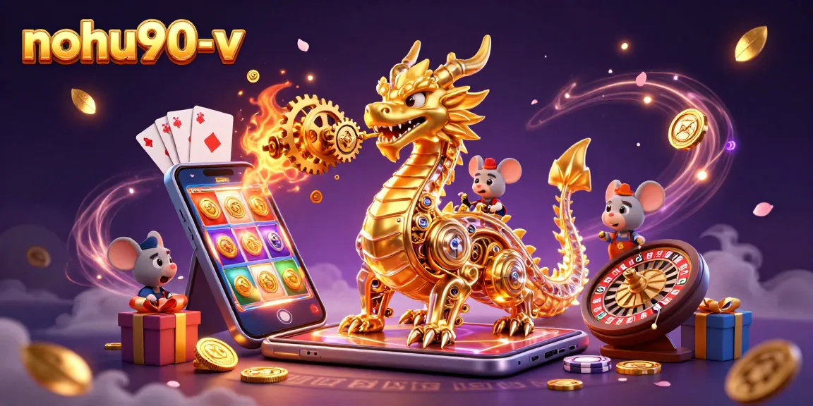 Spin to win with nohu90-v: a vibrant illustration featuring a golden dragon and bustling casino elements.