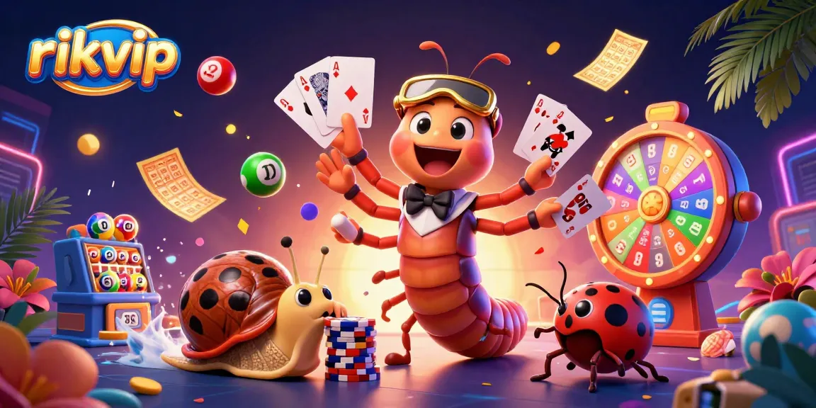 Experience the excitement of rikvip with a cartoon millipede dealer and vibrant casino elements.