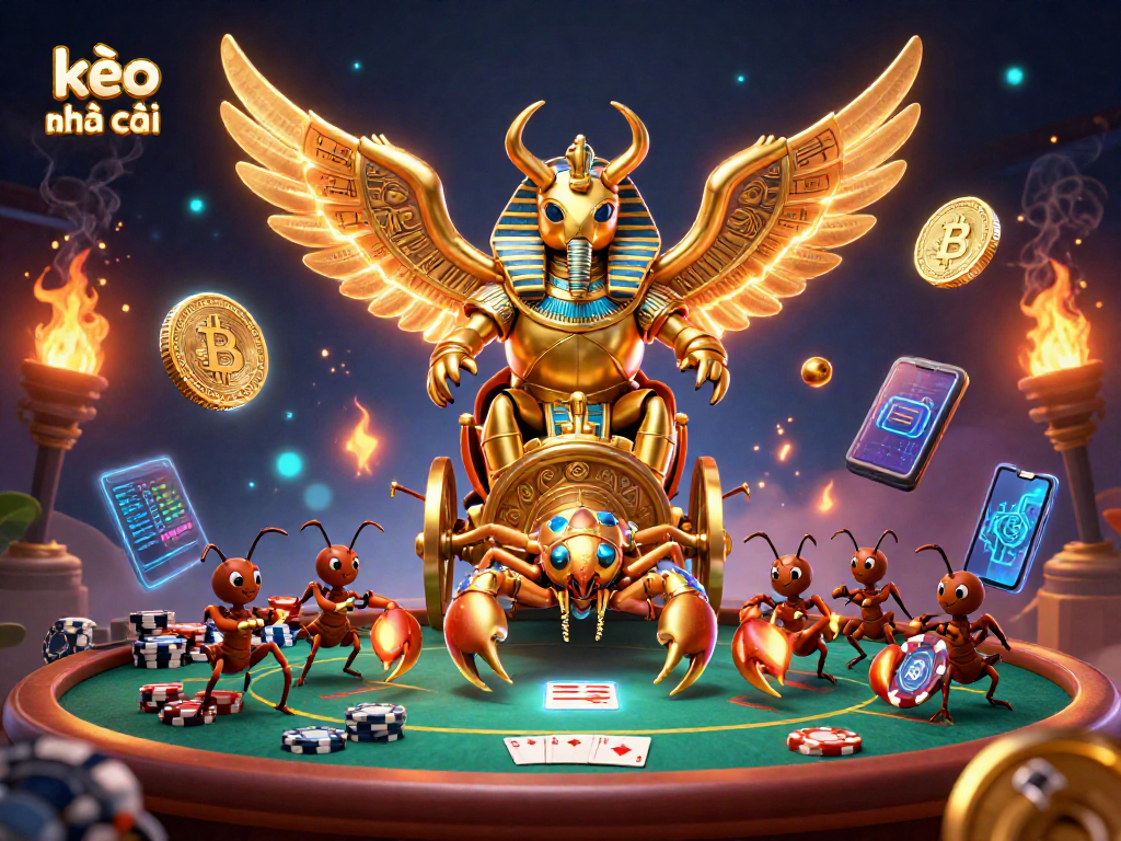 Bet on kèo nhà cái with a golden beetle hero surrounded by poker elements and crypto coins.