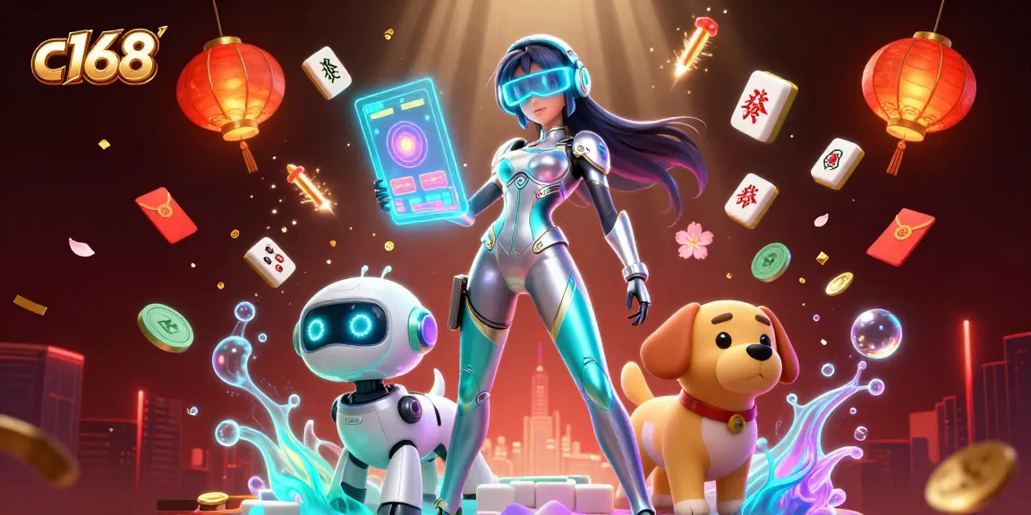 Experience the excitement of c168 gaming as a futuristic woman and robot dog navigate a vibrant casino
