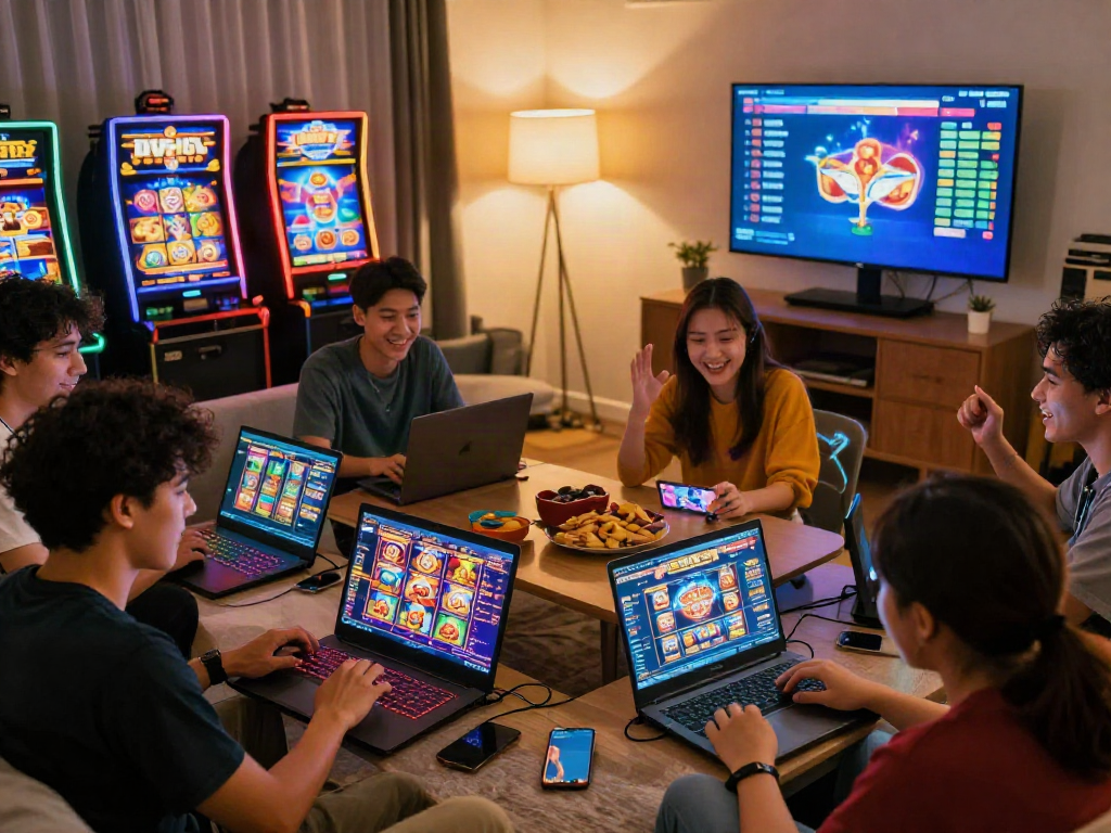 Group of friends enjoying slot online games in a cozy living room.