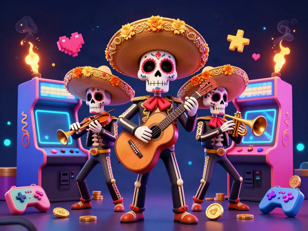 Experience thrilling gaming action with vipwin's mariachi band surrounded by vibrant arcade elements.